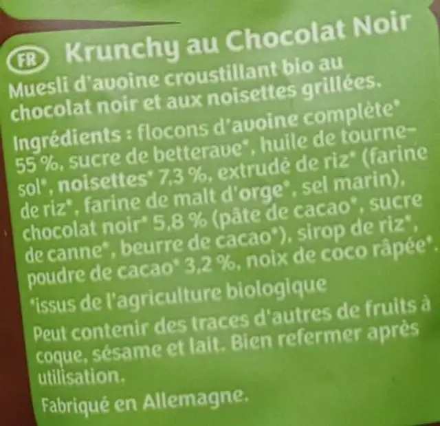 Krunchy Schoko Nuss ingredients label