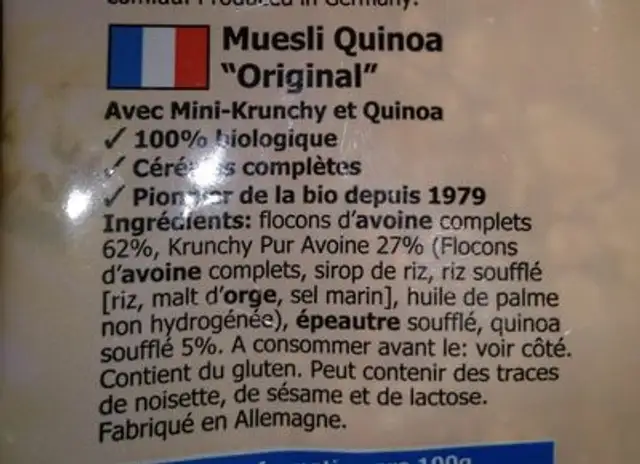 Barnhouse Feines Muesli Quinoa 'Original' ingredients label