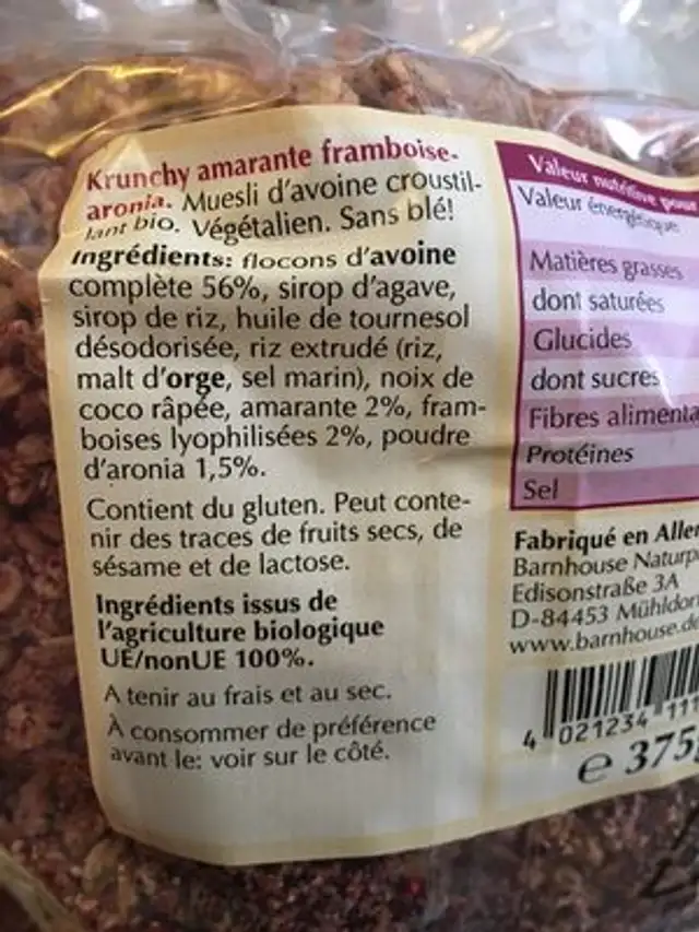 Crunchy Amarante Framboise Aronia ingredients label