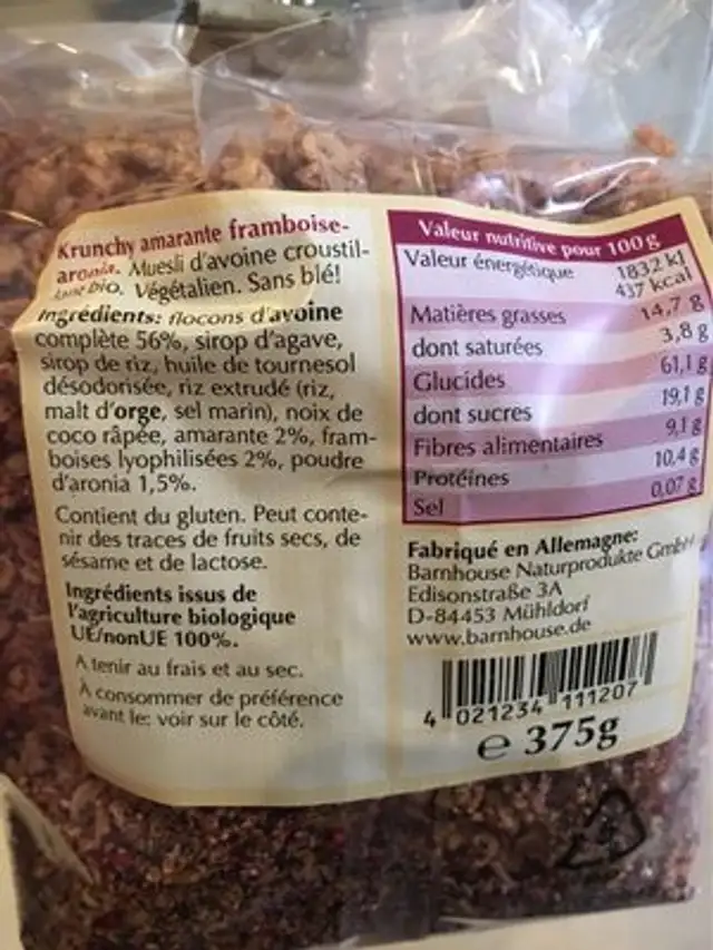 Crunchy Amarante Framboise Aronia nutrition facts table