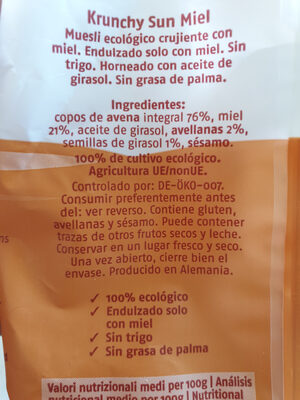 Krunchy Sun Miel ingredients label
