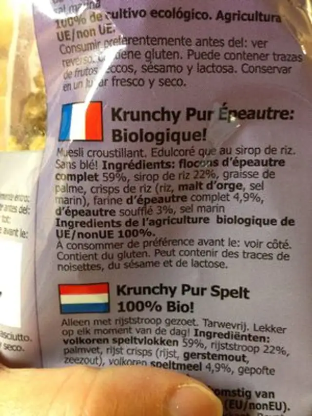 Barnhouse Krunchy Pur Spelt Suikervrij ingredients label