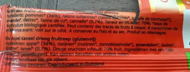 Barre Pomme Cannelle Sans Gluten ingredients label