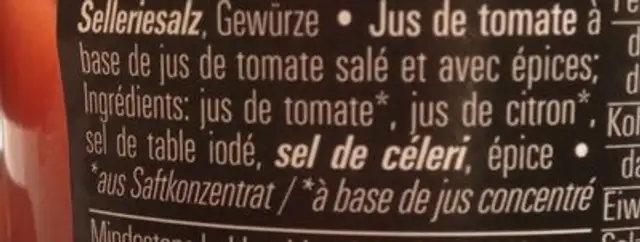 Jus tomate ingredients label