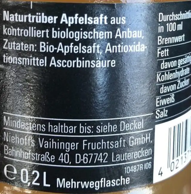 Apfel Naturtrüb ingredients label