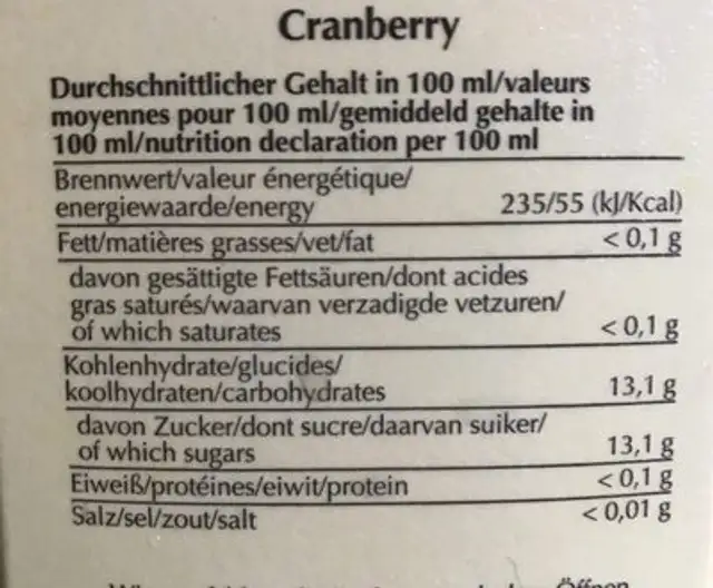 Lindavia Cranberry nutrition facts table