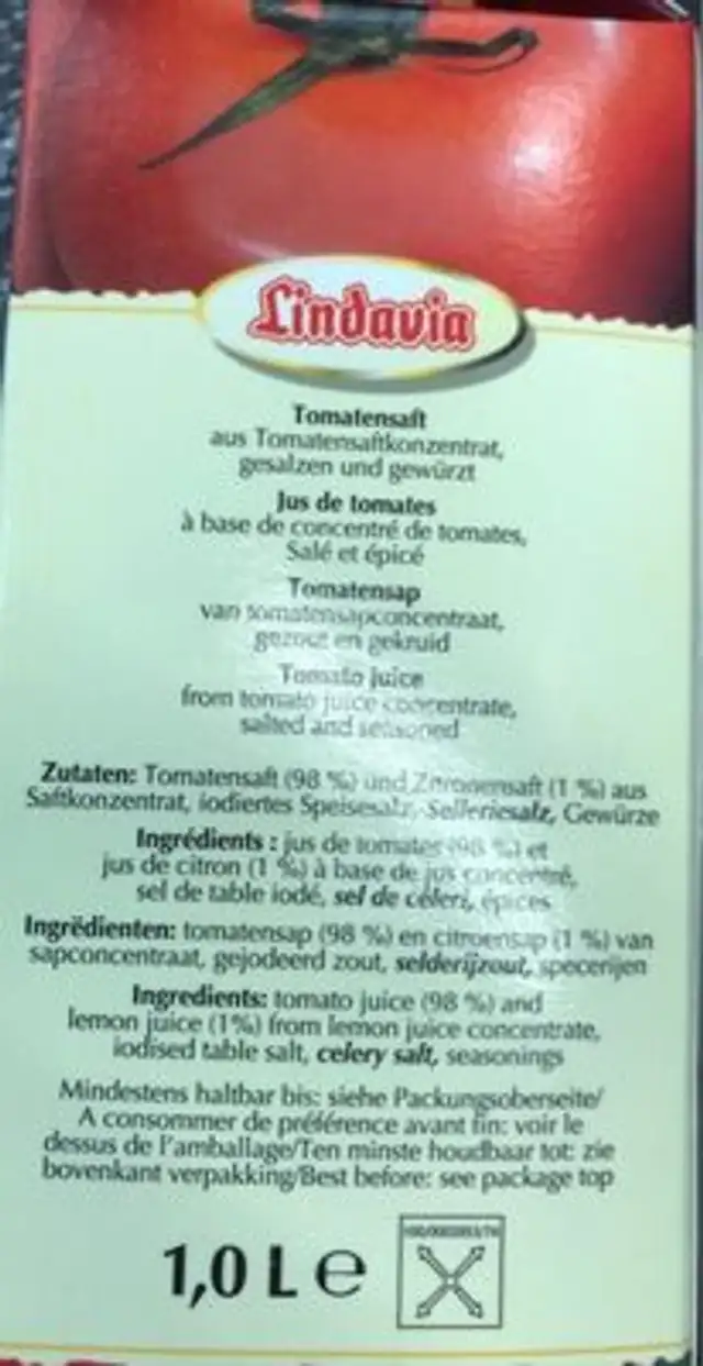 Jus de tomate ingredients label