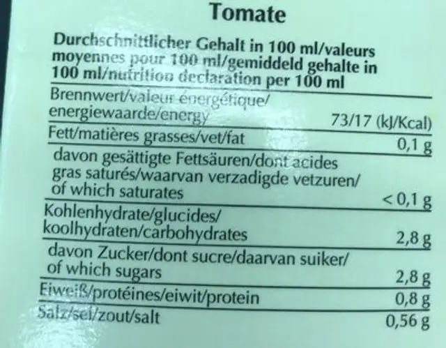 Jus de tomate nutrition facts table