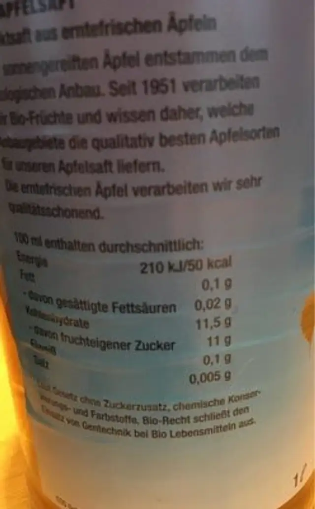 Eos Bio Apfelsaft ingredients label