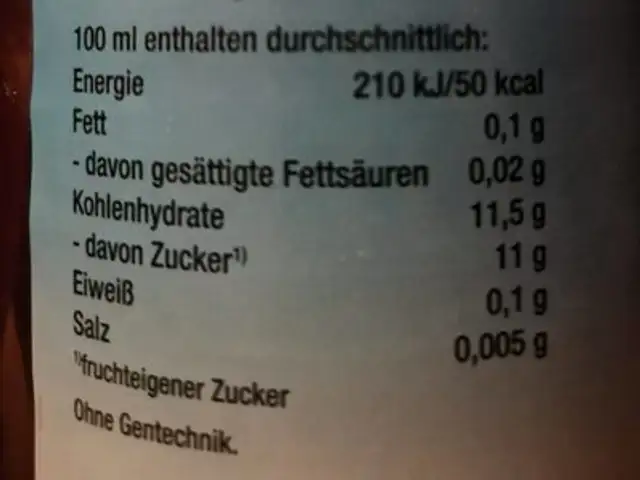 Eos Bio Apfelsaft nutrition facts table