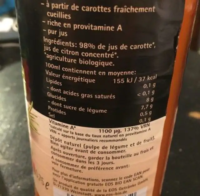 Jus de Carotte ingredients label