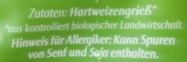 Fusilli ingredients label