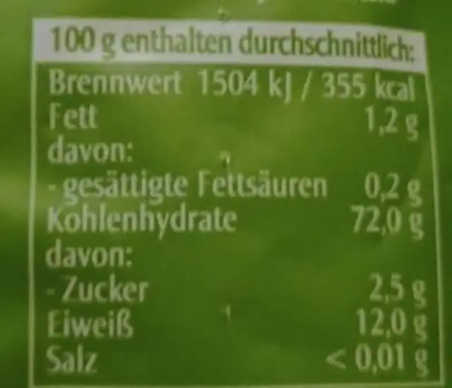 Fusilli nutrition facts table
