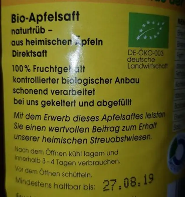 Zimmer's Bio-Apfelsaft 1 Liter ingredients label