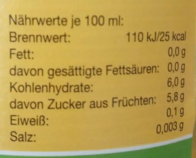 Apfelsaft Schorle ingredients label