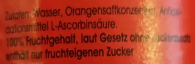 Orangensaft ingredients label