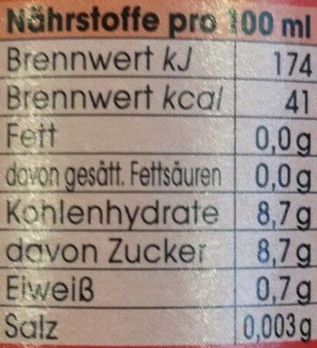 Orangensaft nutrition facts table