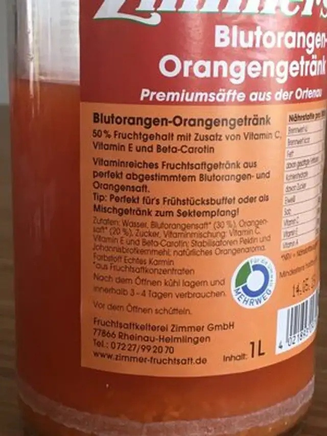 Blutorangen-Orangengetränk ingredients label