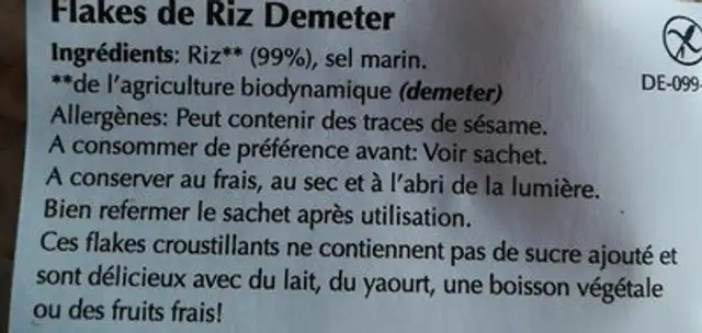 Flakes de riz demeter ingredients label