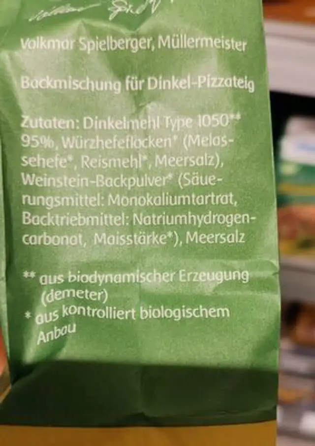 Pizzateig Dinkel ingredients label