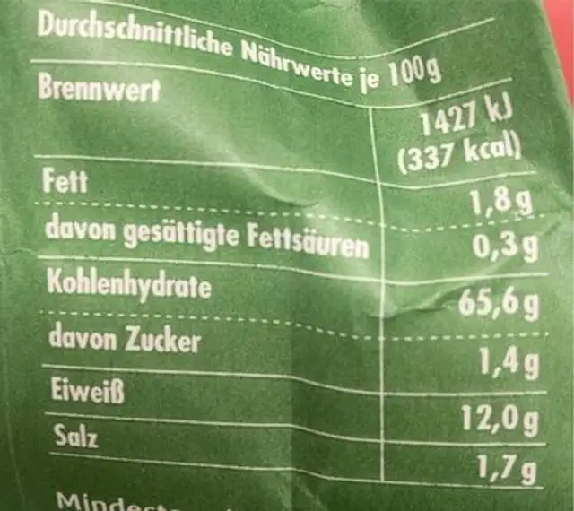 Pizzateig Dinkel nutrition facts table