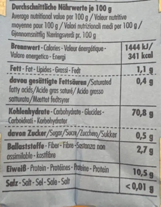 Dinkelgrieß, Bio nutrition facts table