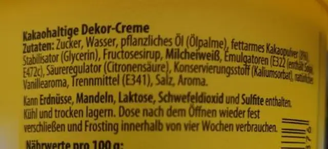 Frosting dekor creme ingredients label