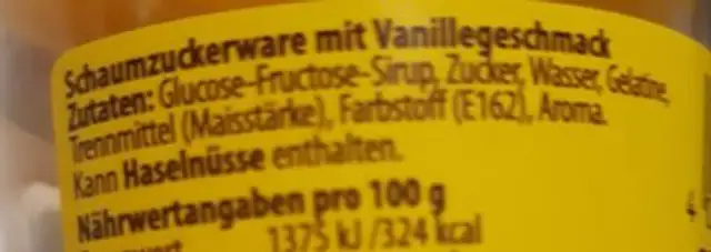 Mini marshmallows ingredients label