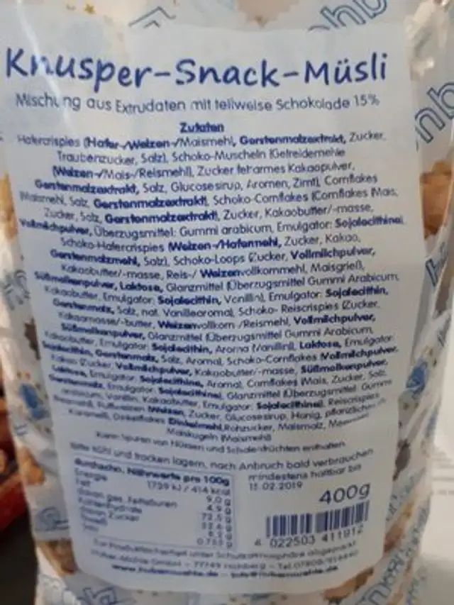 Knusper Snack Müsli, Schoko ingredients label