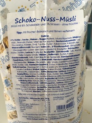 Schoko nussmüsli ingredients label