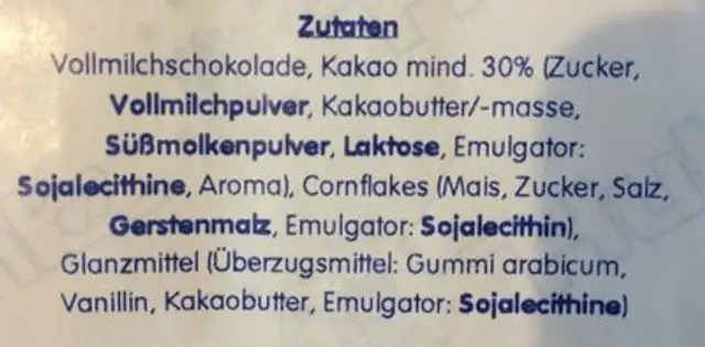 Schoko Maisflakes ingredients label