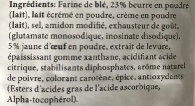 Sauce Hollandaise ingredients label
