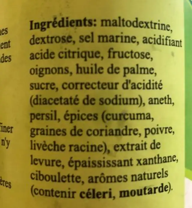 Condiment de salade ingredients label
