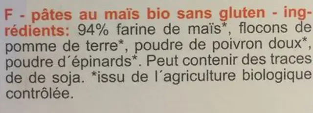 Pâtes Spirelli Tricolores Au Maïs Bio - 200G - Schnitzer ingredients label