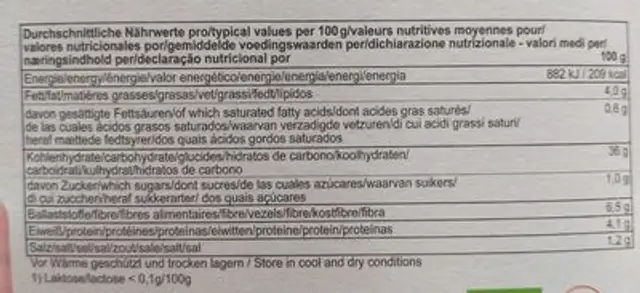 Baguettini nutrition facts table