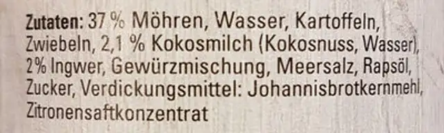 Möhrensuppe mit Ingwer und Kokosmilch ingredients label