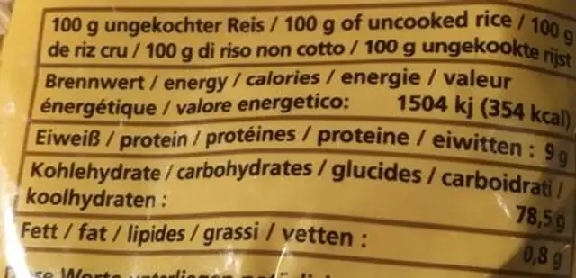 Basmati Natur Reis ingredients label