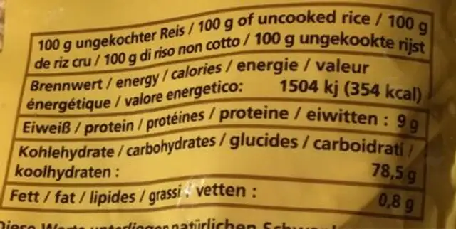 Basmati Natur Reis nutrition facts table