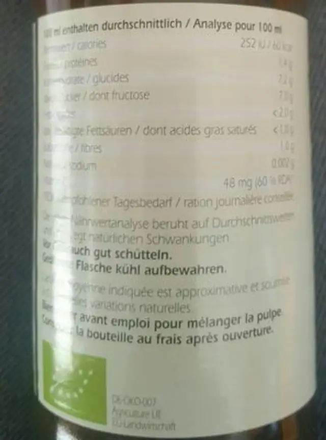 Eubiona 100/100 pur jus d'argousier ingredients label