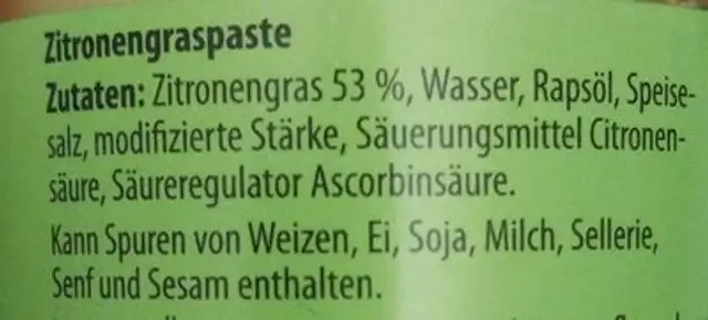 Zitronen-Graspaste ingredients label