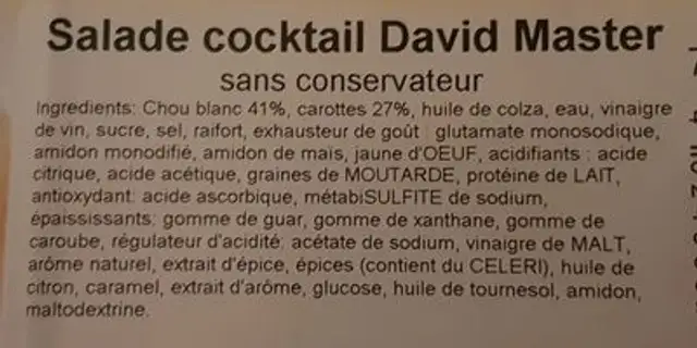 Salade cocktail David Master ingredients label