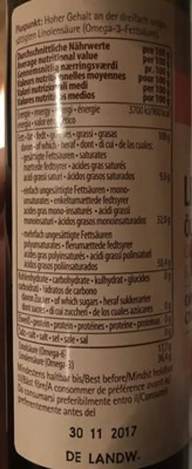 Huile De Caméline Vierge Bio ingredients label