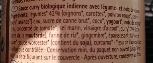 Sauce Curry Indienne Bio - - Naturata ingredients label
