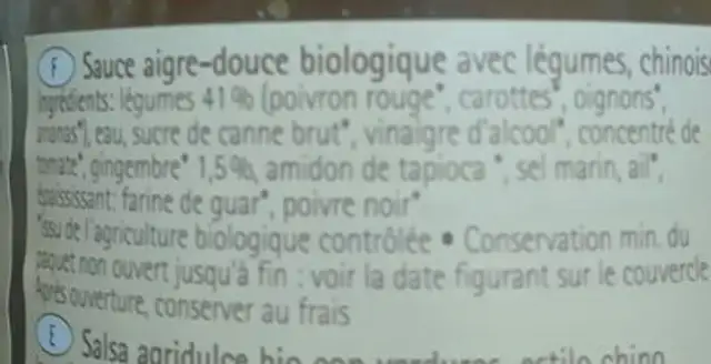 Sauce Aigre Doux Chinoise Bio - - Naturata ingredients label
