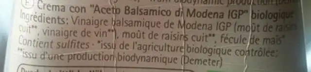 Crema Con Aceto Balsamico ingredients label
