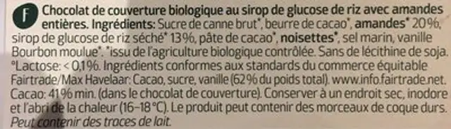 Chocolat aux Amandes Entieres Vegan ingredients label