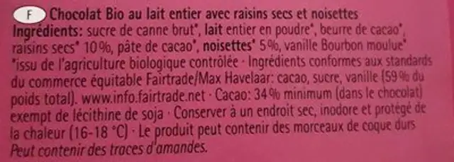 Chocolat Vollmilch Trauben-nus ingredients label