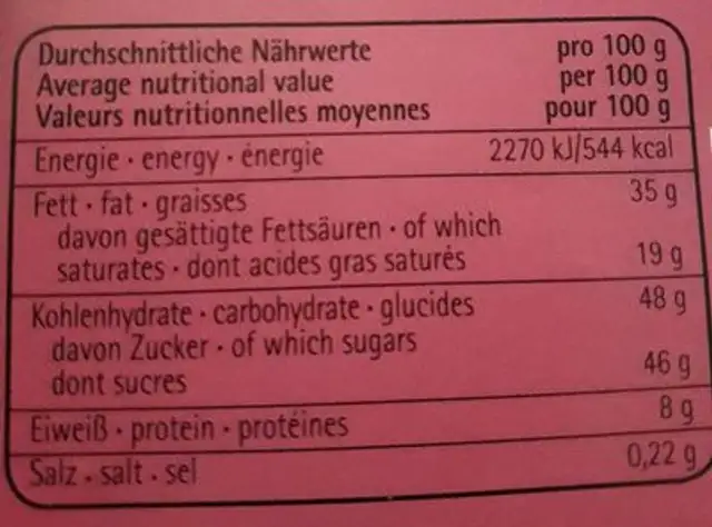 Chocolat Vollmilch Trauben-nus nutrition facts table