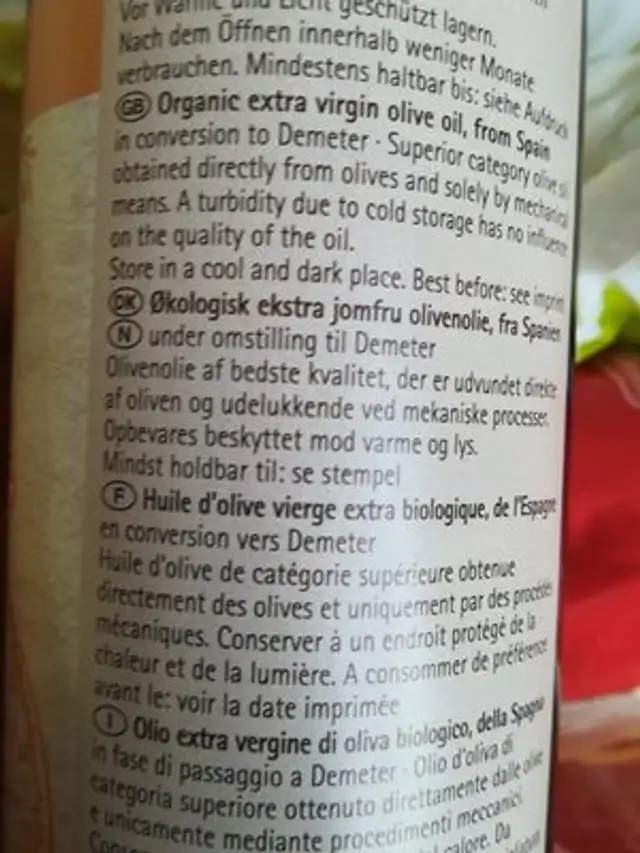Olivenöl Spanien Nativ Extra ingredients label