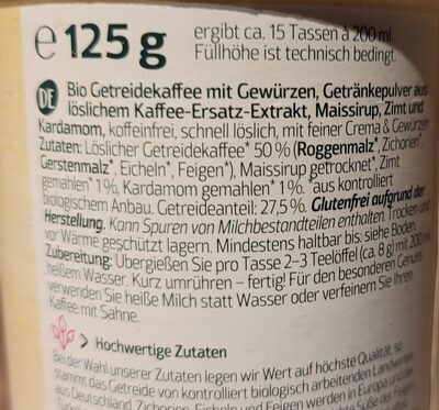 Geteeidekaffee Zimt & Kardamom ingredients label